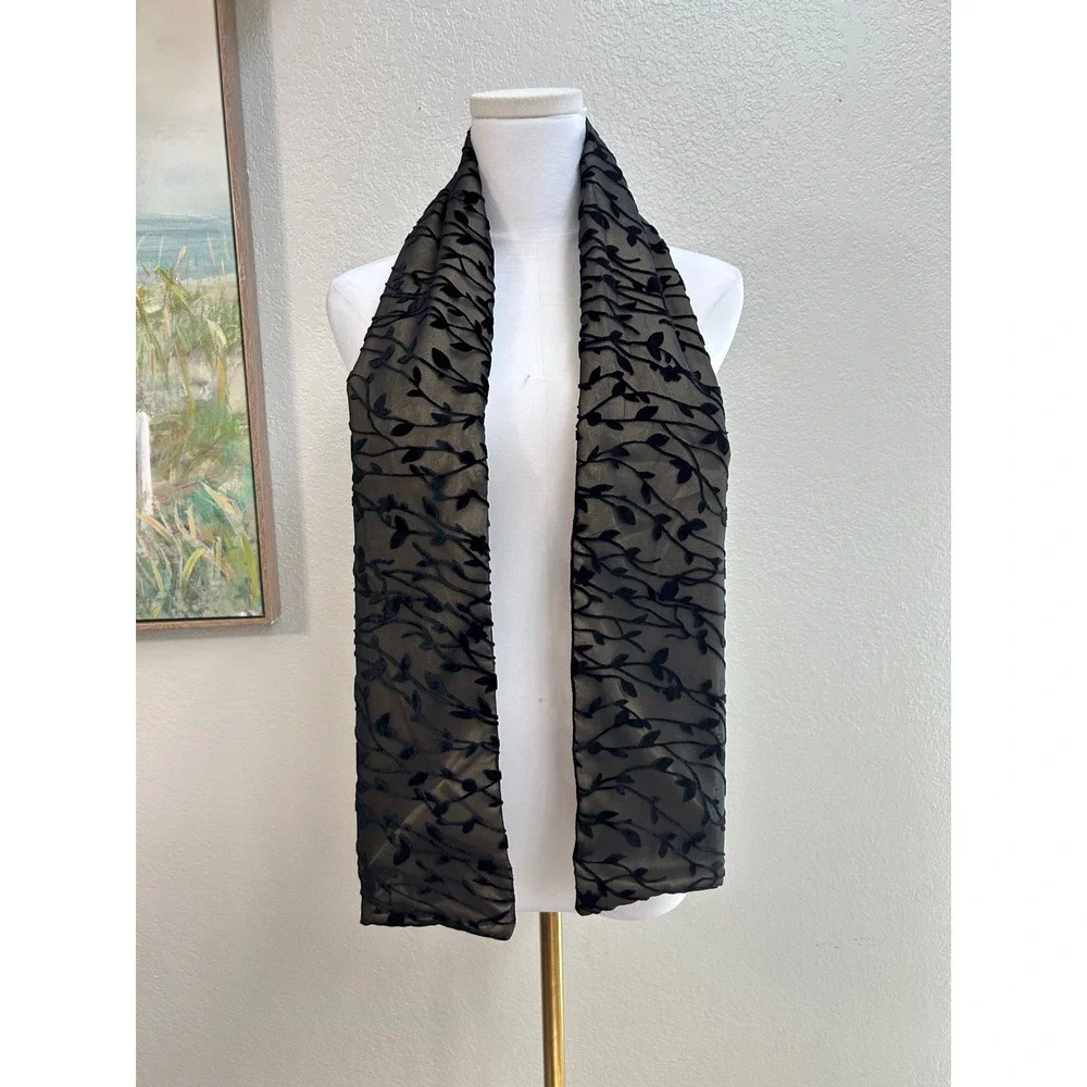 Vintage Black Burnout Velvet Floral Sheer Scarf Wrap Evening Shawl